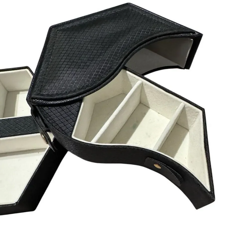 Hexagon Jewelry Box Swivel Compact Slide Outs Multi Compartment in Black